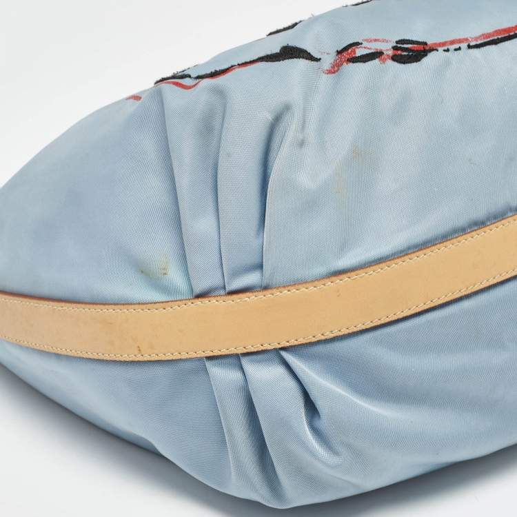 Pre Owned Prada Light Blue/Beige Tessuto Nylon and Leather Stencil Hobo 