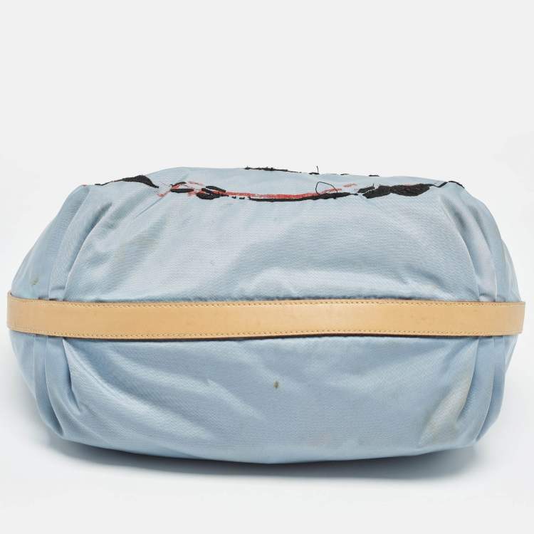 Pre Owned Prada Light Blue/Beige Tessuto Nylon and Leather Stencil Hobo 
