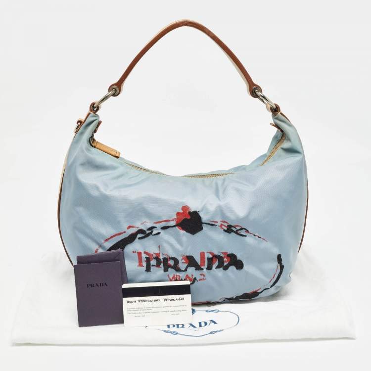 Pre Owned Prada Light Blue/Beige Tessuto Nylon and Leather Stencil Hobo 