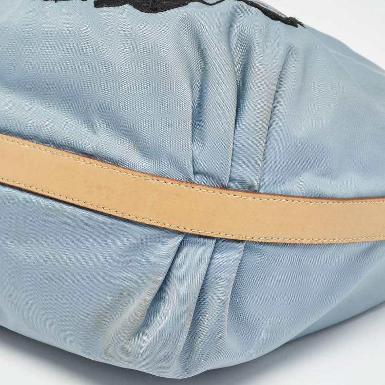 Pre Owned Prada Light Blue/Beige Tessuto Nylon and Leather Stencil Hobo 