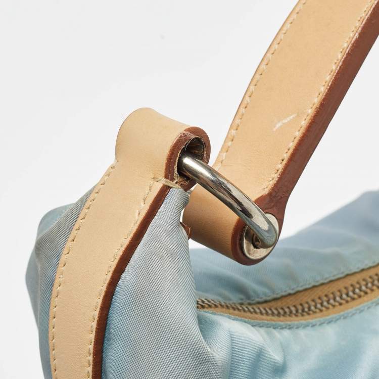 Pre Owned Prada Light Blue/Beige Tessuto Nylon and Leather Stencil Hobo 