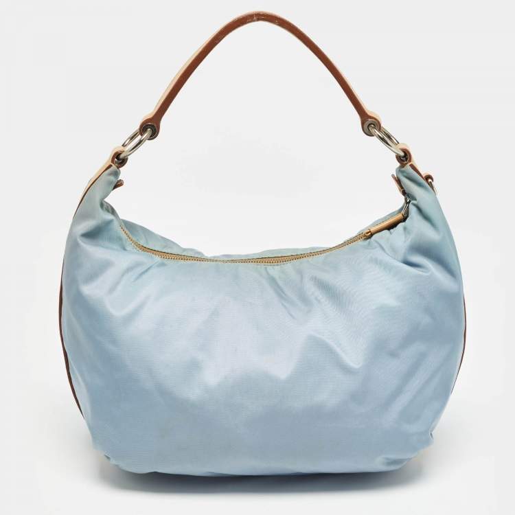 Pre Owned Prada Light Blue/Beige Tessuto Nylon and Leather Stencil Hobo 