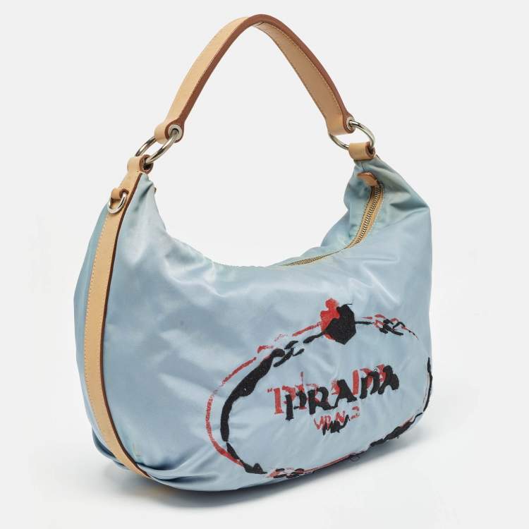 Pre Owned Prada Light Blue/Beige Tessuto Nylon and Leather Stencil Hobo 