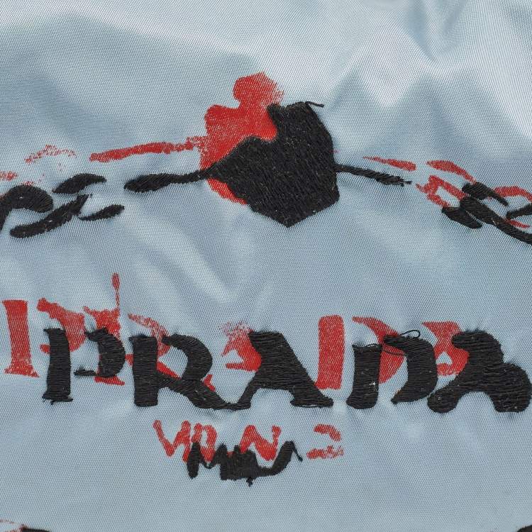 Pre Owned Prada Light Blue/Beige Tessuto Nylon and Leather Stencil Hobo 