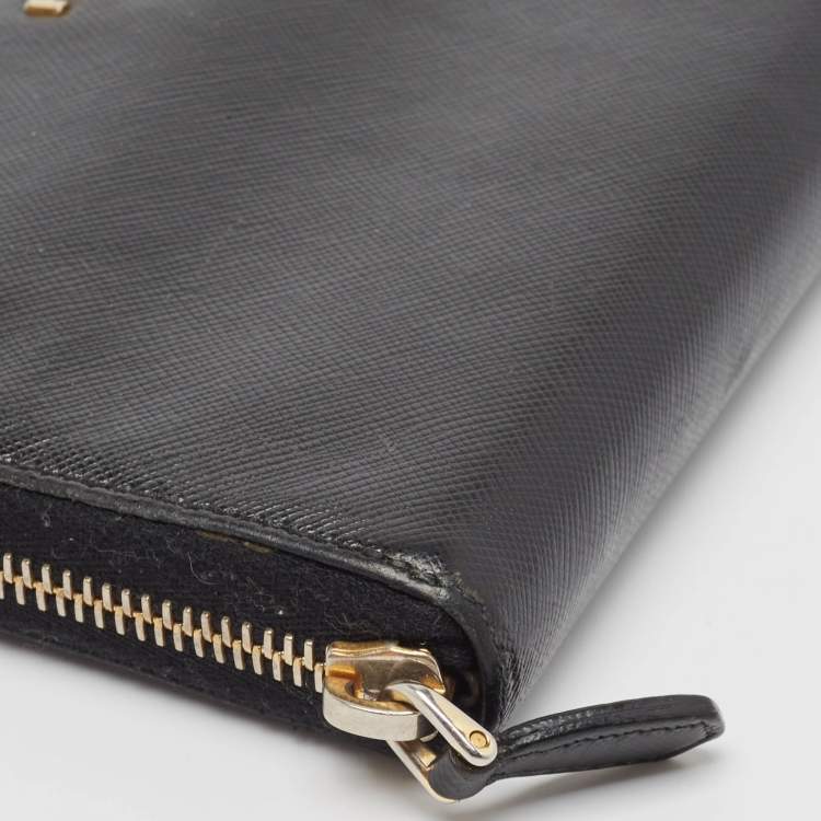 Pre Owned Prada Black Saffiano Lux Leather Zip Continental Wallet