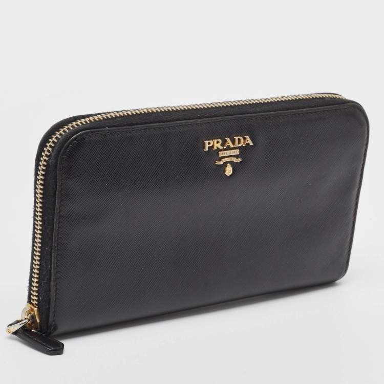 Pre Owned Prada Black Saffiano Lux Leather Zip Continental Wallet