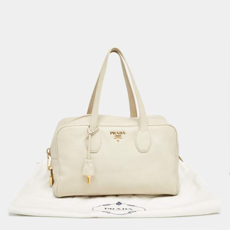 Pre Owned Prada Off White Vitello Daino Leather Zip Bowler Bag