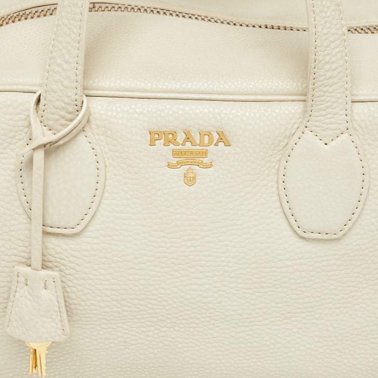 Pre Owned Prada Off White Vitello Daino Leather Zip Bowler Bag
