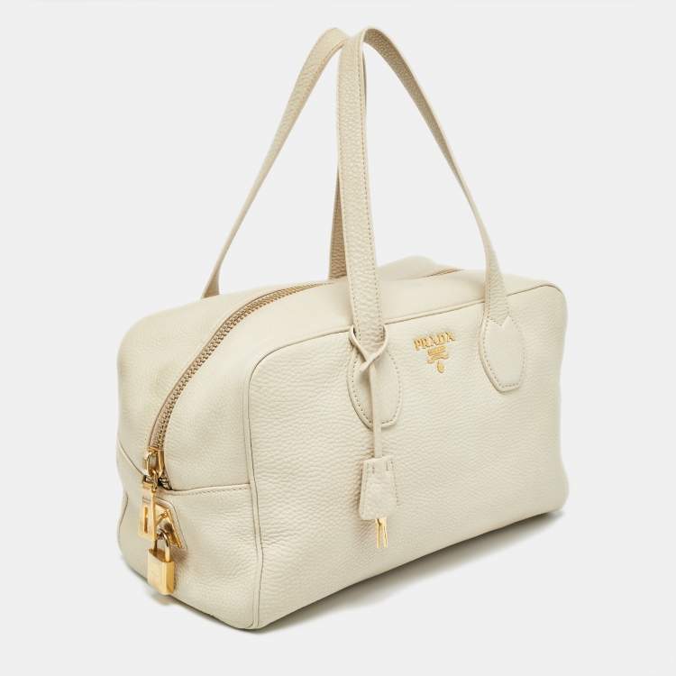 Pre Owned Prada Off White Vitello Daino Leather Zip Bowler Bag