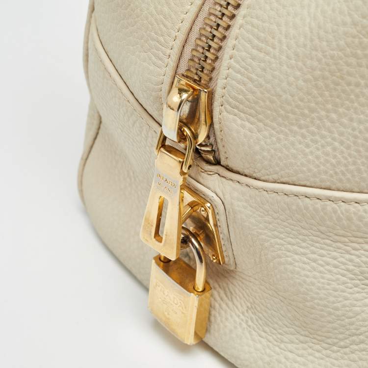 Pre Owned Prada Off White Vitello Daino Leather Zip Bowler Bag