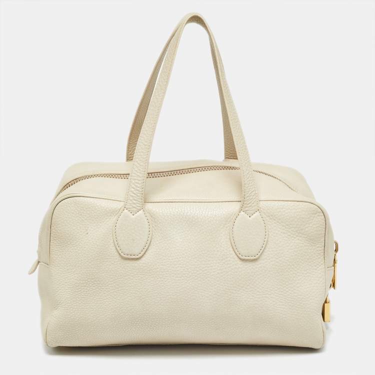 Pre Owned Prada Off White Vitello Daino Leather Zip Bowler Bag