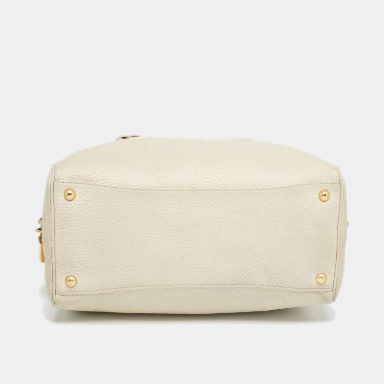 Pre Owned Prada Off White Vitello Daino Leather Zip Bowler Bag