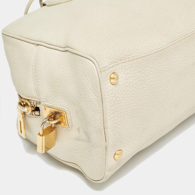 Pre Owned Prada Off White Vitello Daino Leather Zip Bowler Bag