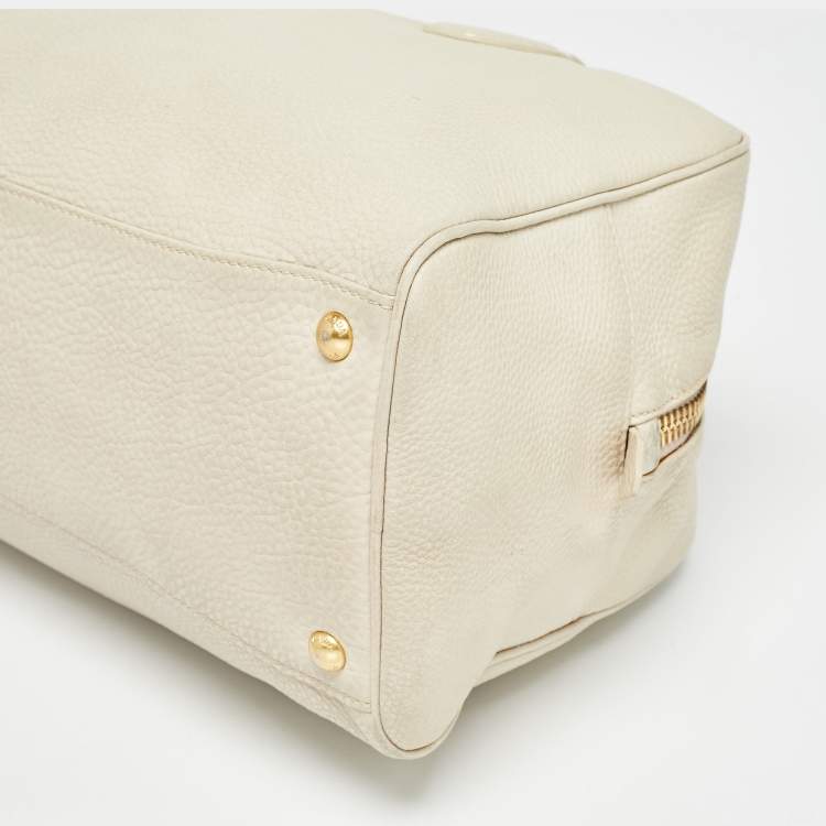 Pre Owned Prada Off White Vitello Daino Leather Zip Bowler Bag