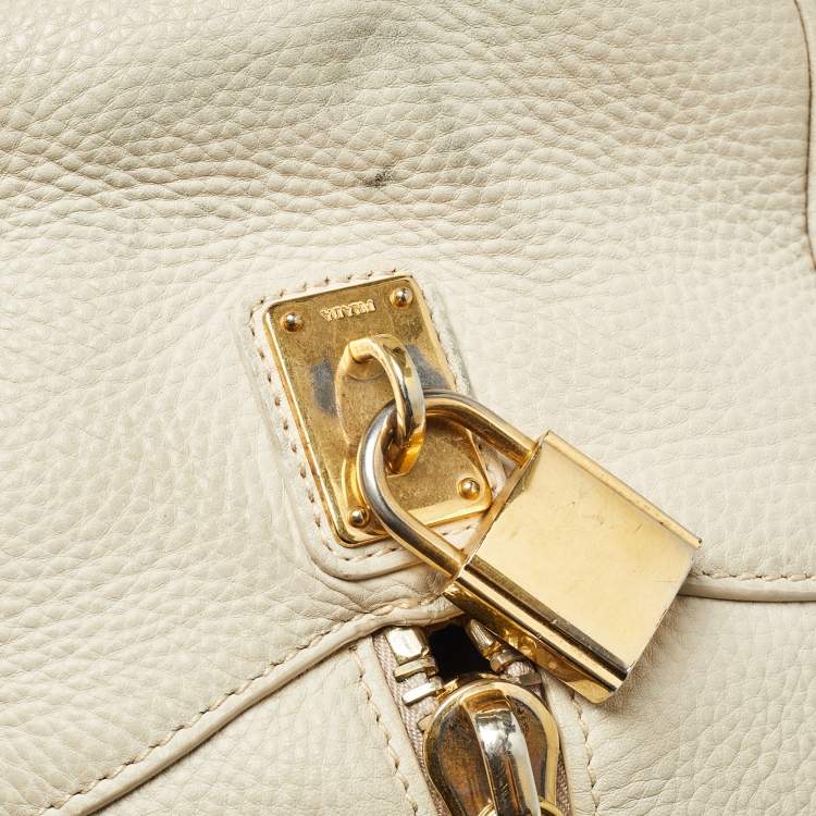 Pre Owned Prada Off White Vitello Daino Leather Zip Bowler Bag