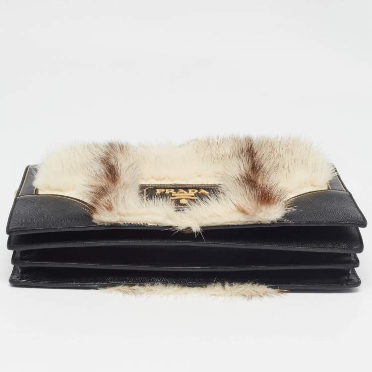 Pre Owned Prada Off White/Black Mink Fur and Saffiano Leather Flap Bag