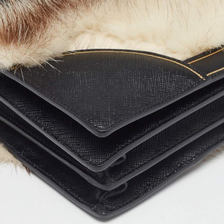 Pre Owned Prada Off White/Black Mink Fur and Saffiano Leather Flap Bag