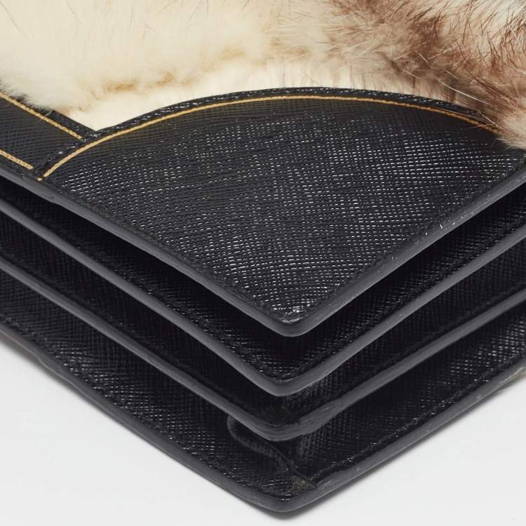 Pre Owned Prada Off White/Black Mink Fur and Saffiano Leather Flap Bag