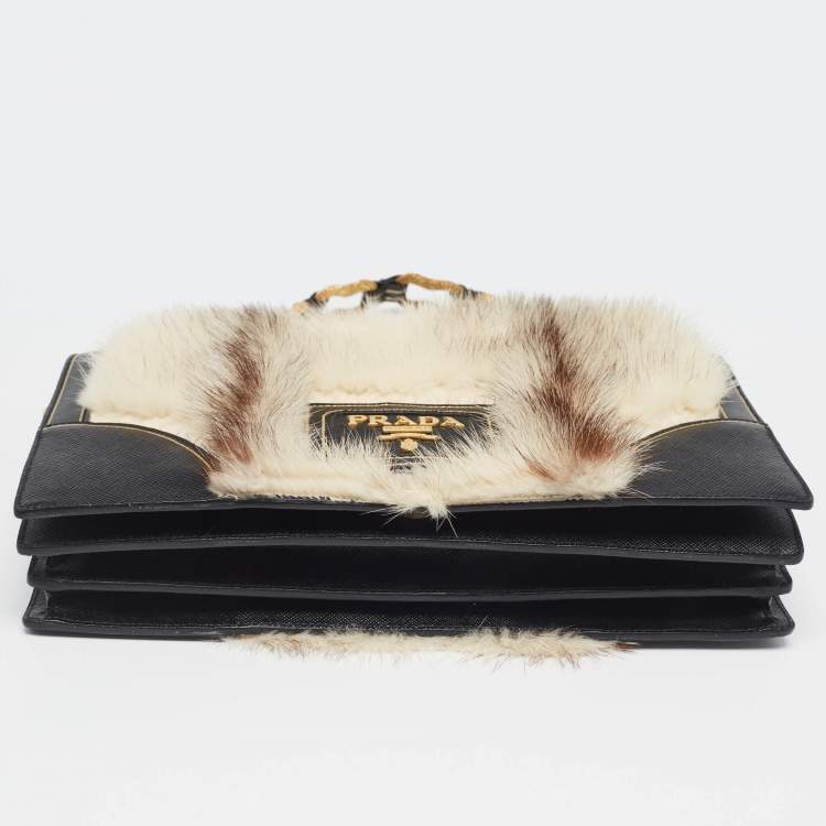 Pre Owned Prada Off White/Black Mink Fur and Saffiano Leather Flap Bag