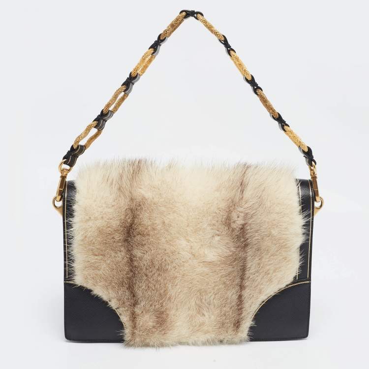 Pre Owned Prada Off White/Black Mink Fur and Saffiano Leather Flap Bag