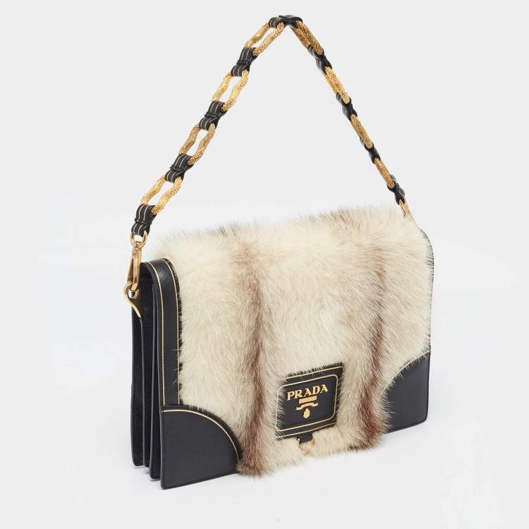 Pre Owned Prada Off White/Black Mink Fur and Saffiano Leather Flap Bag