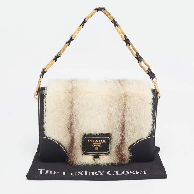 Pre Owned Prada Off White/Black Mink Fur and Saffiano Leather Flap Bag