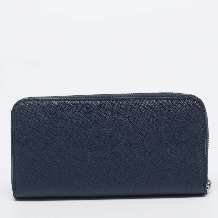 Pre Owned Prada Navy Blue Saffiano Tech Leather Zip Around Continental Wallet