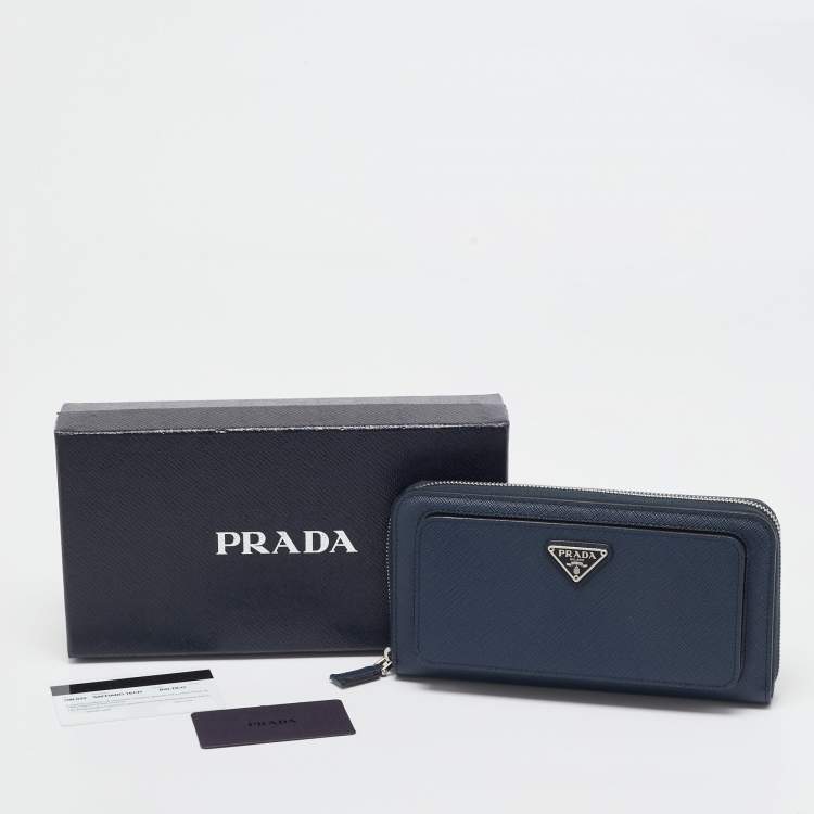 Pre Owned Prada Navy Blue Saffiano Tech Leather Zip Around Continental Wallet