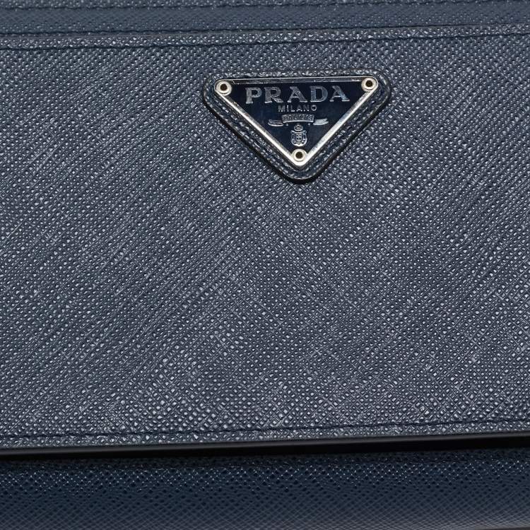 Pre Owned Prada Navy Blue Saffiano Tech Leather Zip Around Continental Wallet