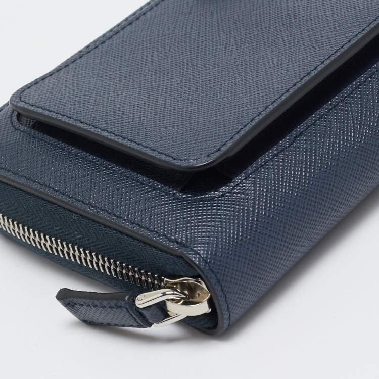 Pre Owned Prada Navy Blue Saffiano Tech Leather Zip Around Continental Wallet
