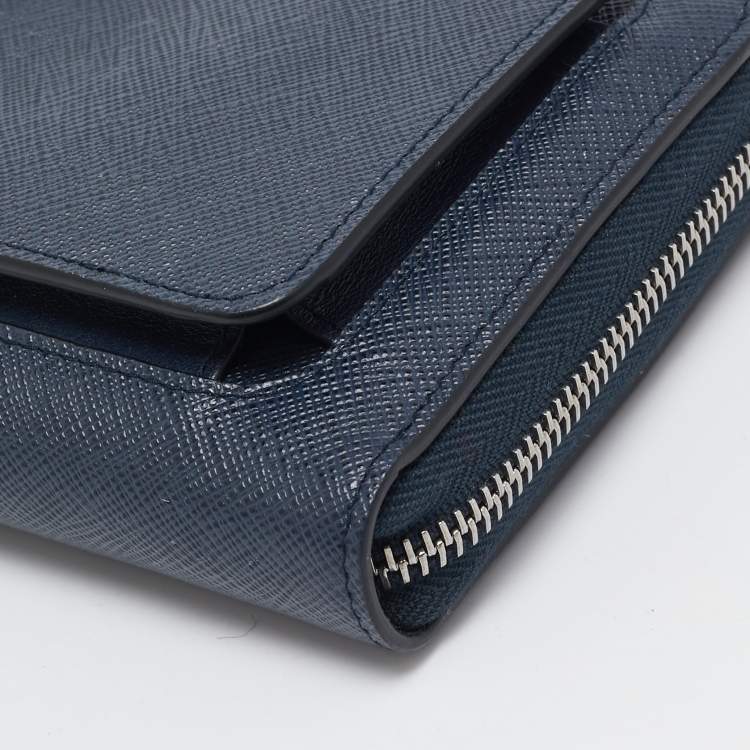 Pre Owned Prada Navy Blue Saffiano Tech Leather Zip Around Continental Wallet