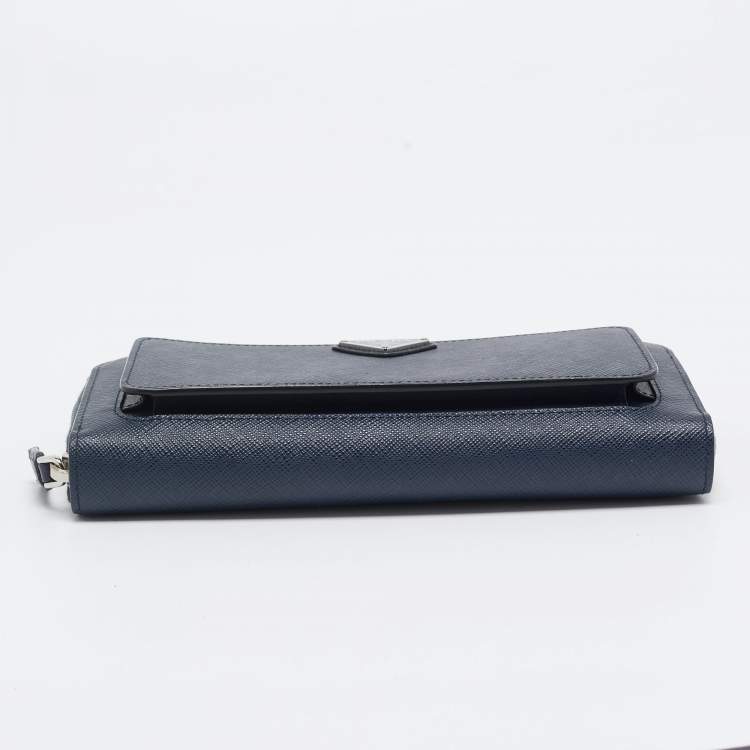 Pre Owned Prada Navy Blue Saffiano Tech Leather Zip Around Continental Wallet