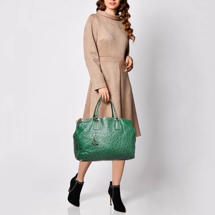 Pre Owned Prada Green Ostrich Large Double Zip Tote