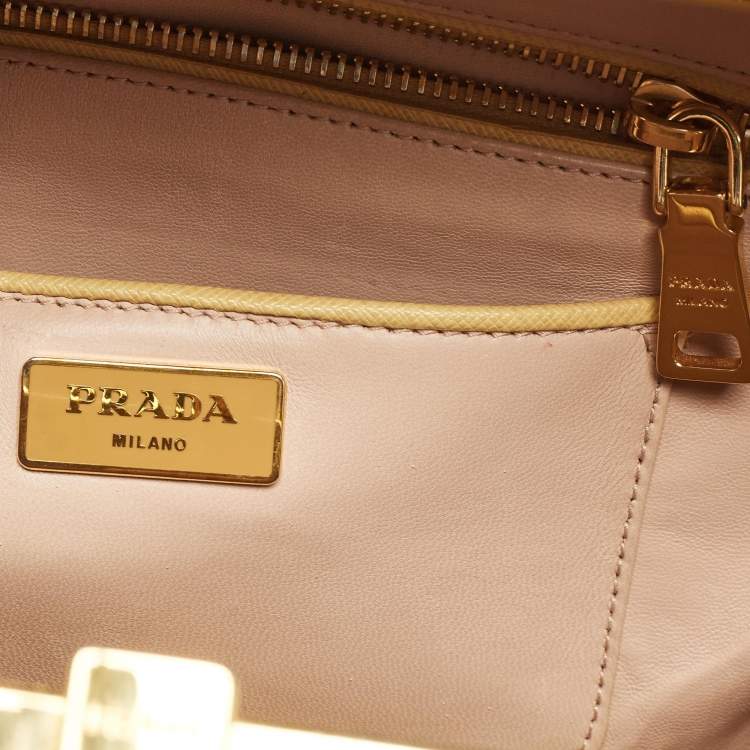 Pre Owned Prada Yellow Saffiano Lux Leather Pyramid Frame Satchel