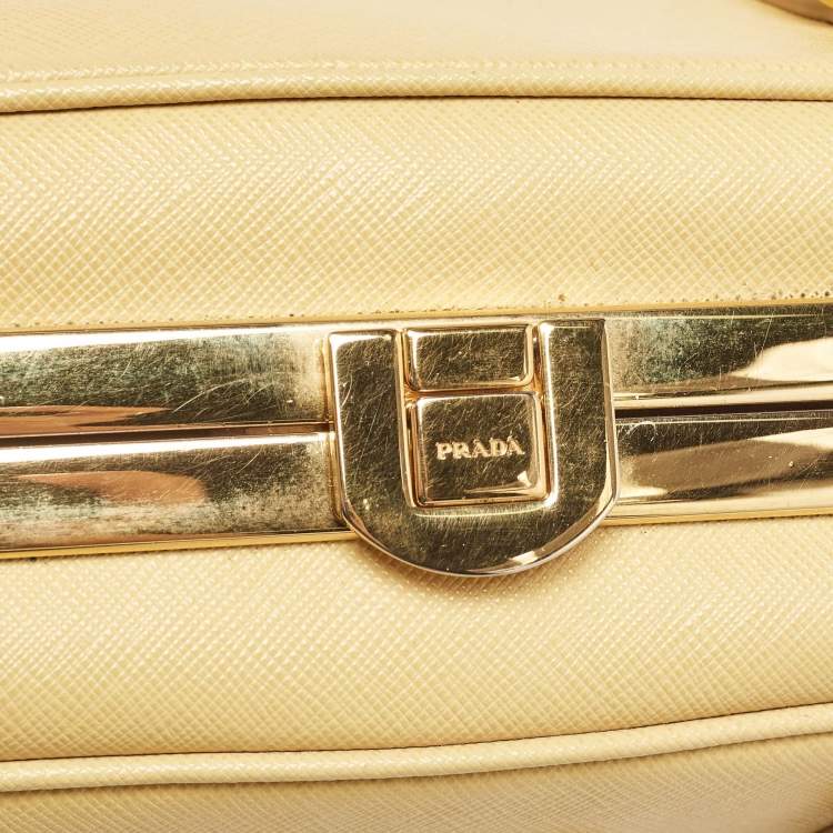 Pre Owned Prada Yellow Saffiano Lux Leather Pyramid Frame Satchel