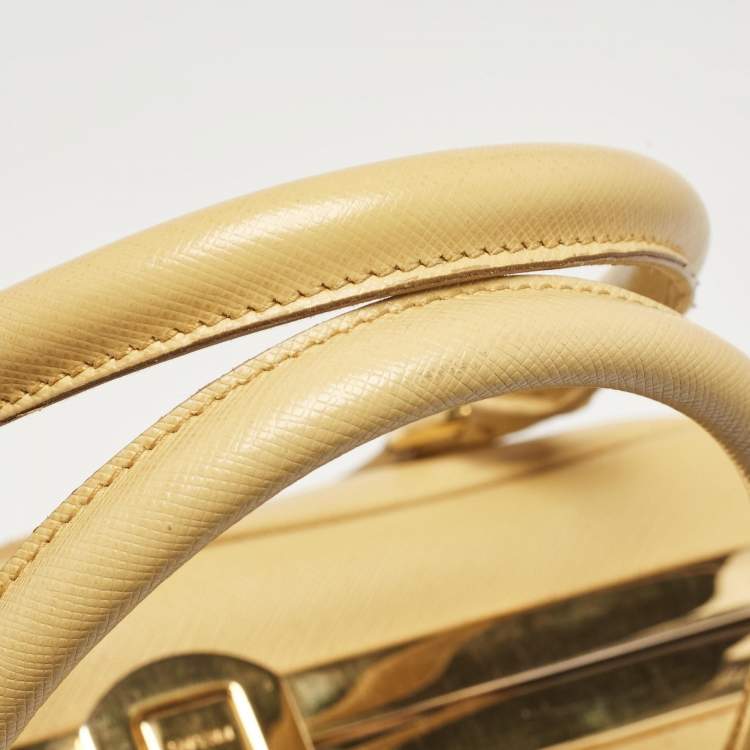 Pre Owned Prada Yellow Saffiano Lux Leather Pyramid Frame Satchel