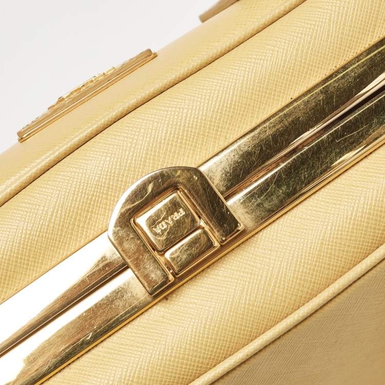Pre Owned Prada Yellow Saffiano Lux Leather Pyramid Frame Satchel