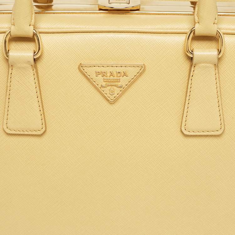 Pre Owned Prada Yellow Saffiano Lux Leather Pyramid Frame Satchel