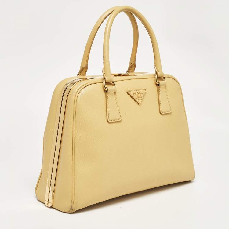 Pre Owned Prada Yellow Saffiano Lux Leather Pyramid Frame Satchel