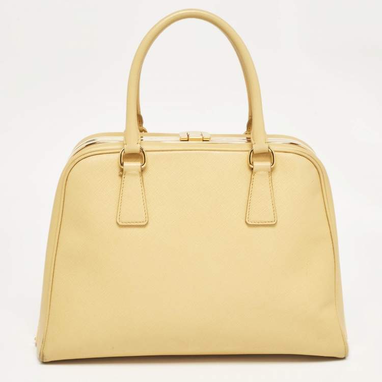 Pre Owned Prada Yellow Saffiano Lux Leather Pyramid Frame Satchel