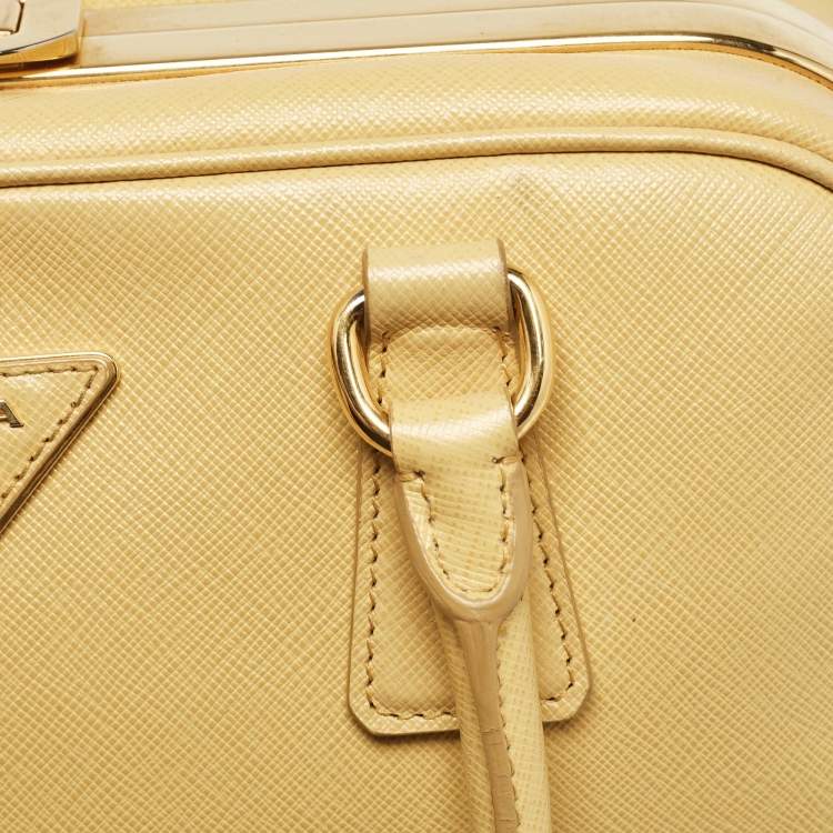 Pre Owned Prada Yellow Saffiano Lux Leather Pyramid Frame Satchel