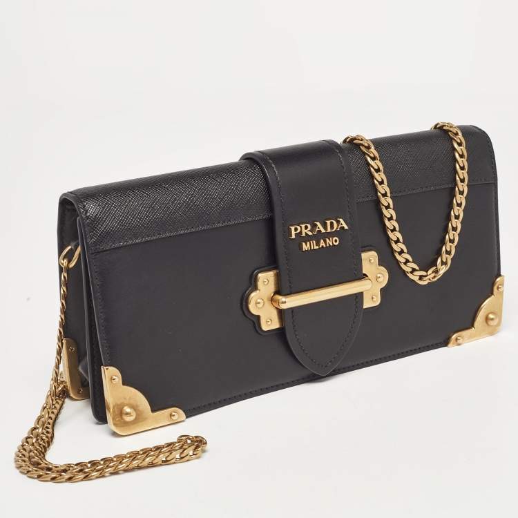 Pre Owned Prada Black Leather Cahier Chain Clutch