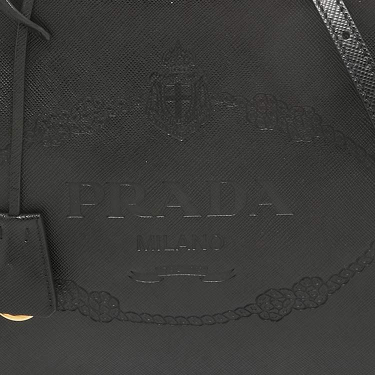 Pre Owned Prada Black Logo Print Saffiano Leather Frame Top Handle Bag
