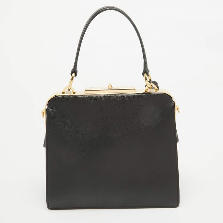 Pre Owned Prada Black Logo Print Saffiano Leather Frame Top Handle Bag