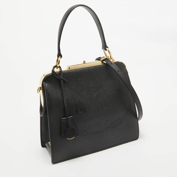Pre Owned Prada Black Logo Print Saffiano Leather Frame Top Handle Bag