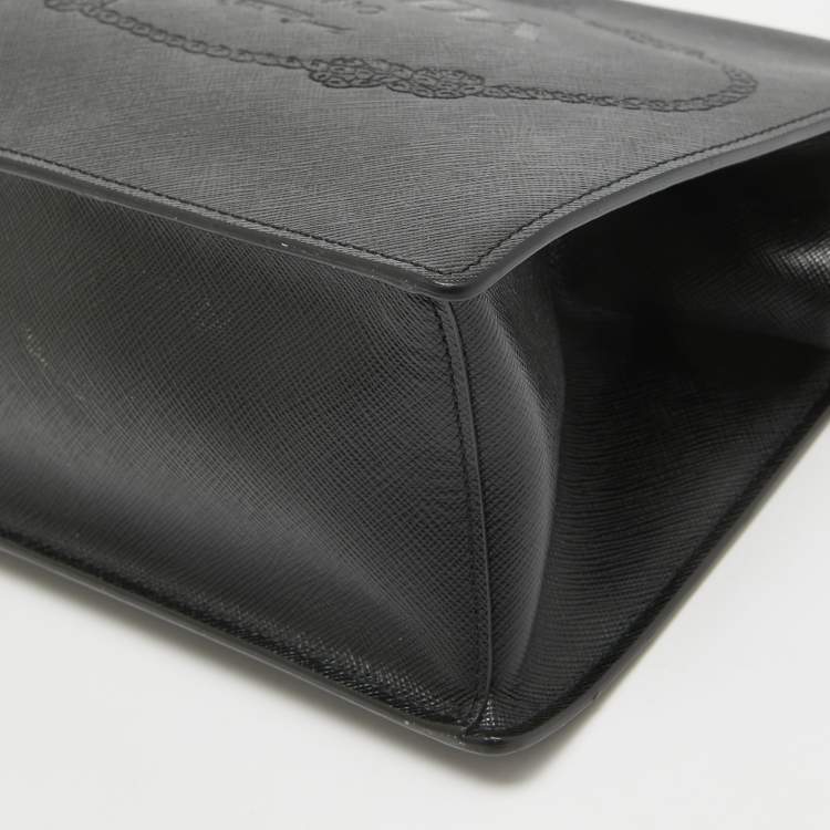 Pre Owned Prada Black Logo Print Saffiano Leather Frame Top Handle Bag