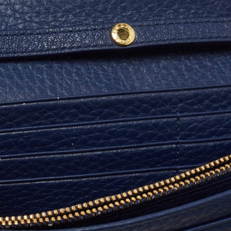 Pre Owned Prada Navy Blue Vitello Grain Leather Logo Flap Wallet On Chain