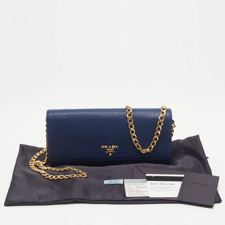 Pre Owned Prada Navy Blue Vitello Grain Leather Logo Flap Wallet On Chain