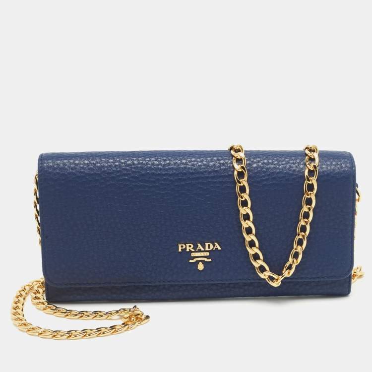 Pre Owned Prada Navy Blue Vitello Grain Leather Logo Flap Wallet On Chain