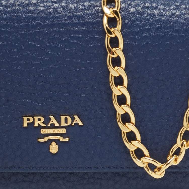 Pre Owned Prada Navy Blue Vitello Grain Leather Logo Flap Wallet On Chain